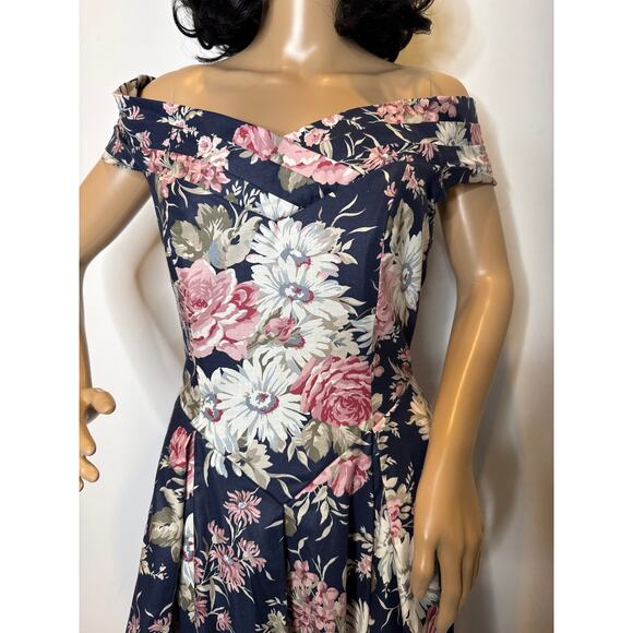1990s Laura Ashley Floral Off-Shoulder Open Back Fit Flare Maxi navy Dress small - Picture 5 of 14